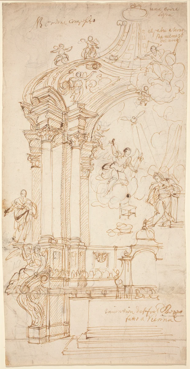 A Baldachin with a Painting of the Annunciation by Andrea Pozzo, drawing, 1703-1720