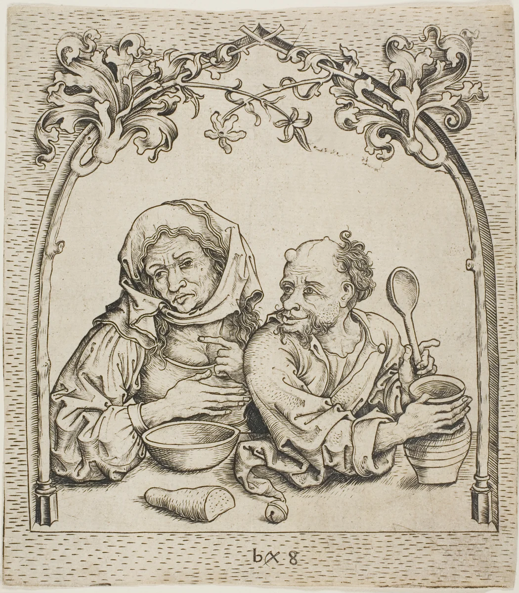 The Old Woman and The Fool in a Window by Monogrammist b. g., print, 1475-1485