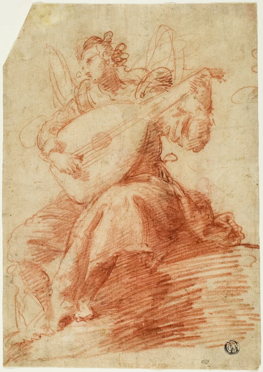 Angel Playing a Lute by Jacopo Confortini, drawing, 1605-1672