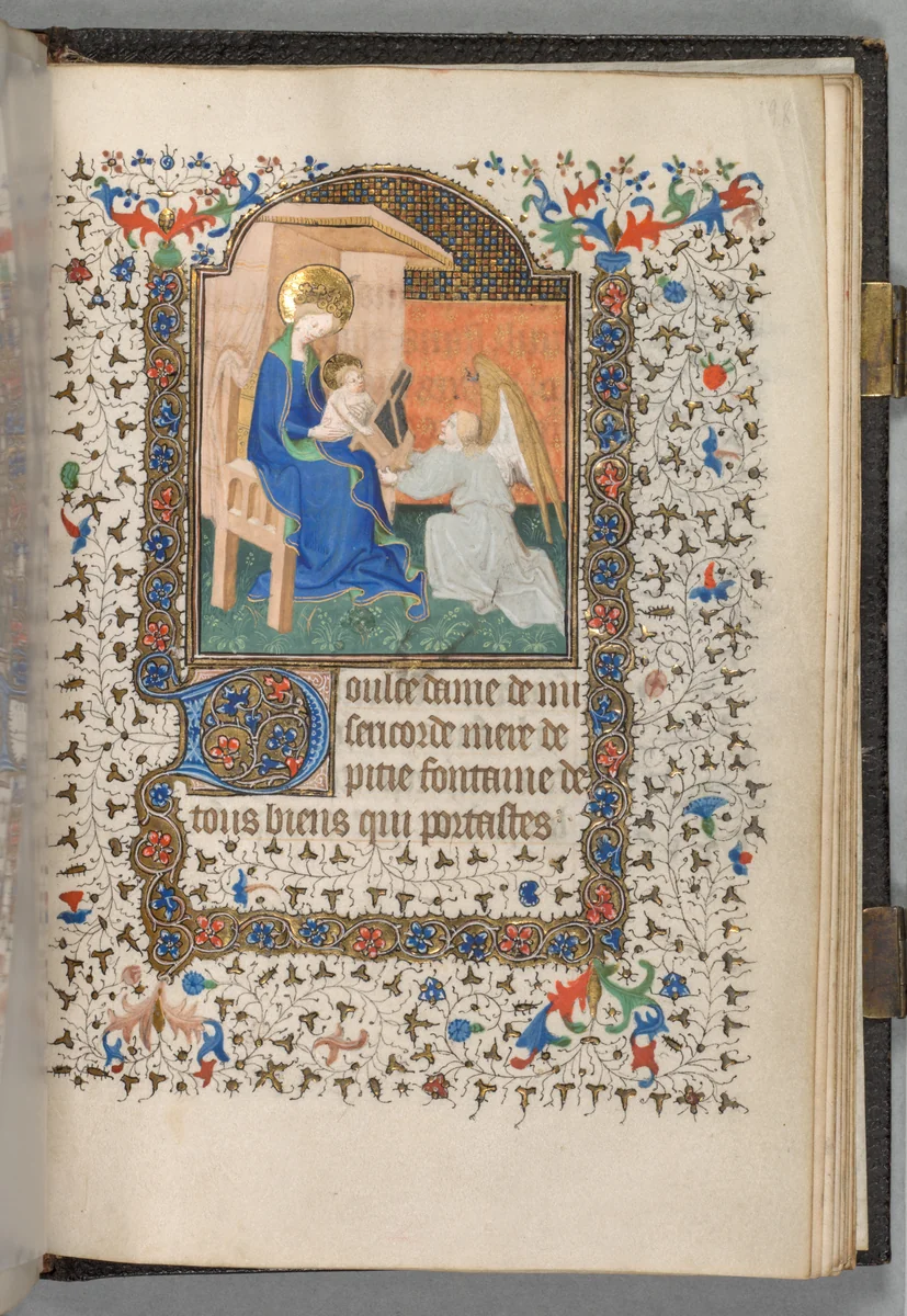 Book of Hours (Use of Paris): Fol. 198r, Madonna and Child with Angel by The Bedford Master, book, 1415-1425