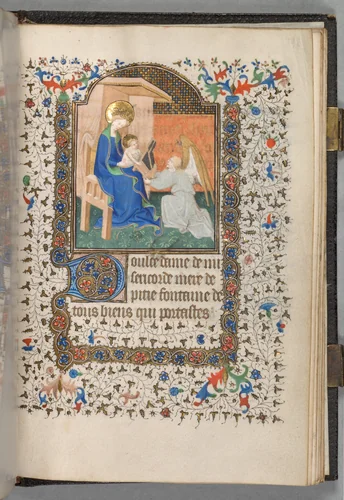 Book of Hours (Use of Paris): Fol. 198r, Madonna and Child with Angel by The Bedford Master, book, 1415-1425