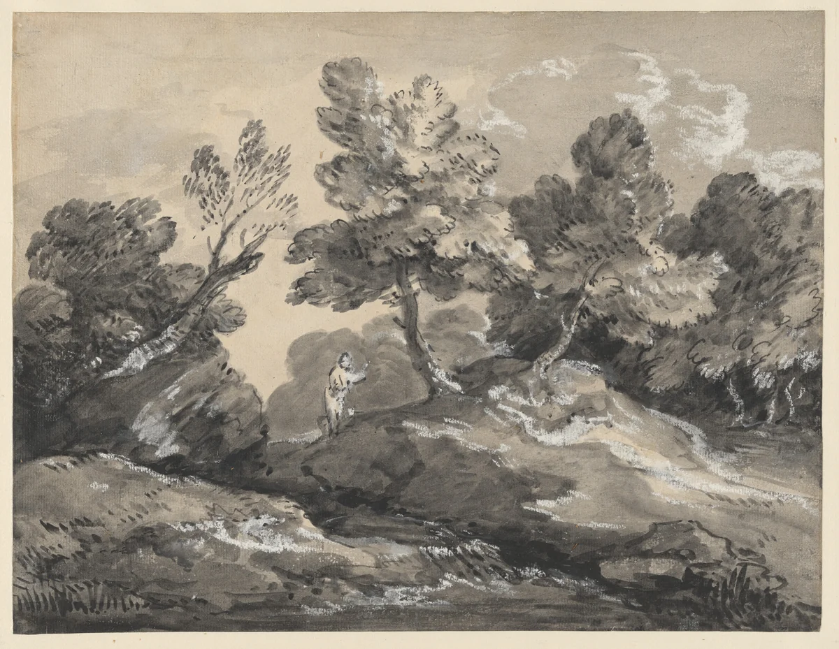 A Rocky Wooded Landscape with a Figure by a Stream by Thomas Gainsborough, drawing, 1781