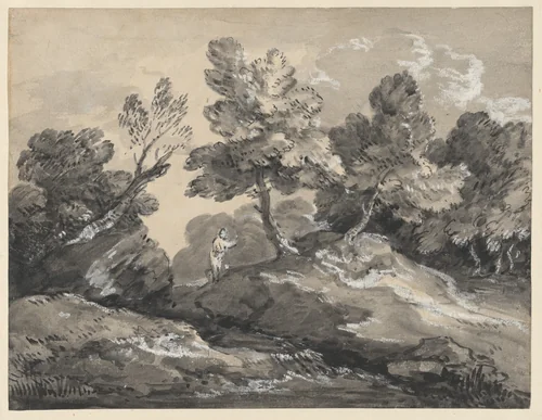 A Rocky Wooded Landscape with a Figure by a Stream by Thomas Gainsborough, drawing, 1781