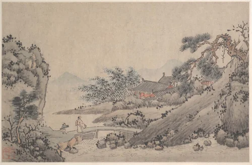 Landscape with Man Crossing Bridge by Shen Zhou (沈周), painting, 1427-1509