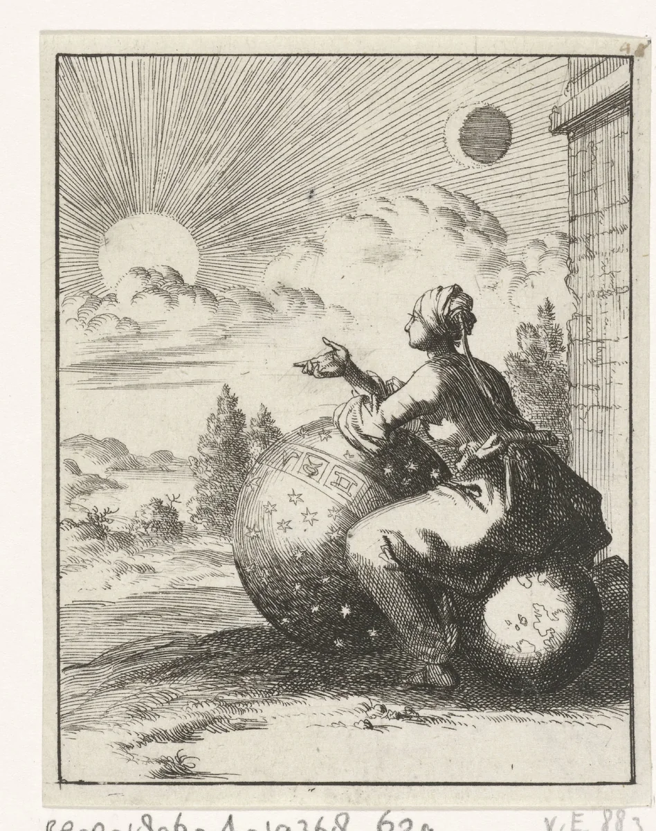 Vrouw bekijkt, zittend op een wereldbol en steunend op een hemelglobe, de ondergaande zon by Jan Luyken, print, 1687