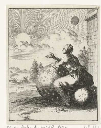 Vrouw bekijkt, zittend op een wereldbol en steunend op een hemelglobe, de ondergaande zon by Jan Luyken, print, 1687