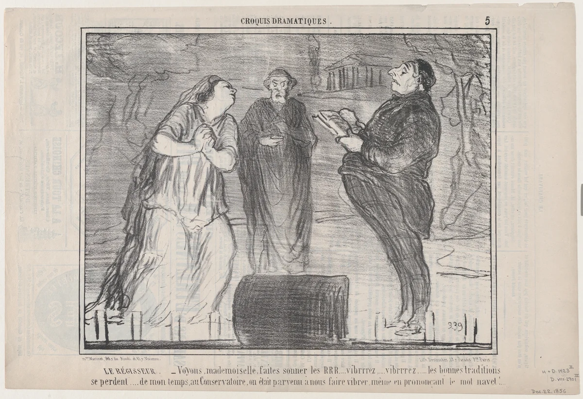 Le Régisseur. – Voyons mademoiselle, faites sonner..., from "Croquis Dramatiques" by Honoré Daumier, print, 1856