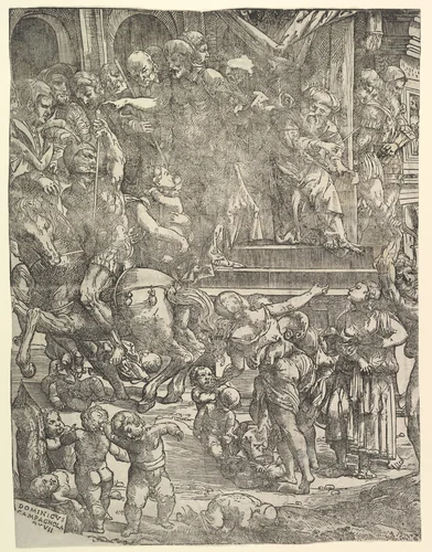The Massacre of the Innocents (Left side), with man on horseback at center left, women and children below, group of figures standing on steps above, Herod seated on throne at upper right by Domenico Campagnola, print, 1517