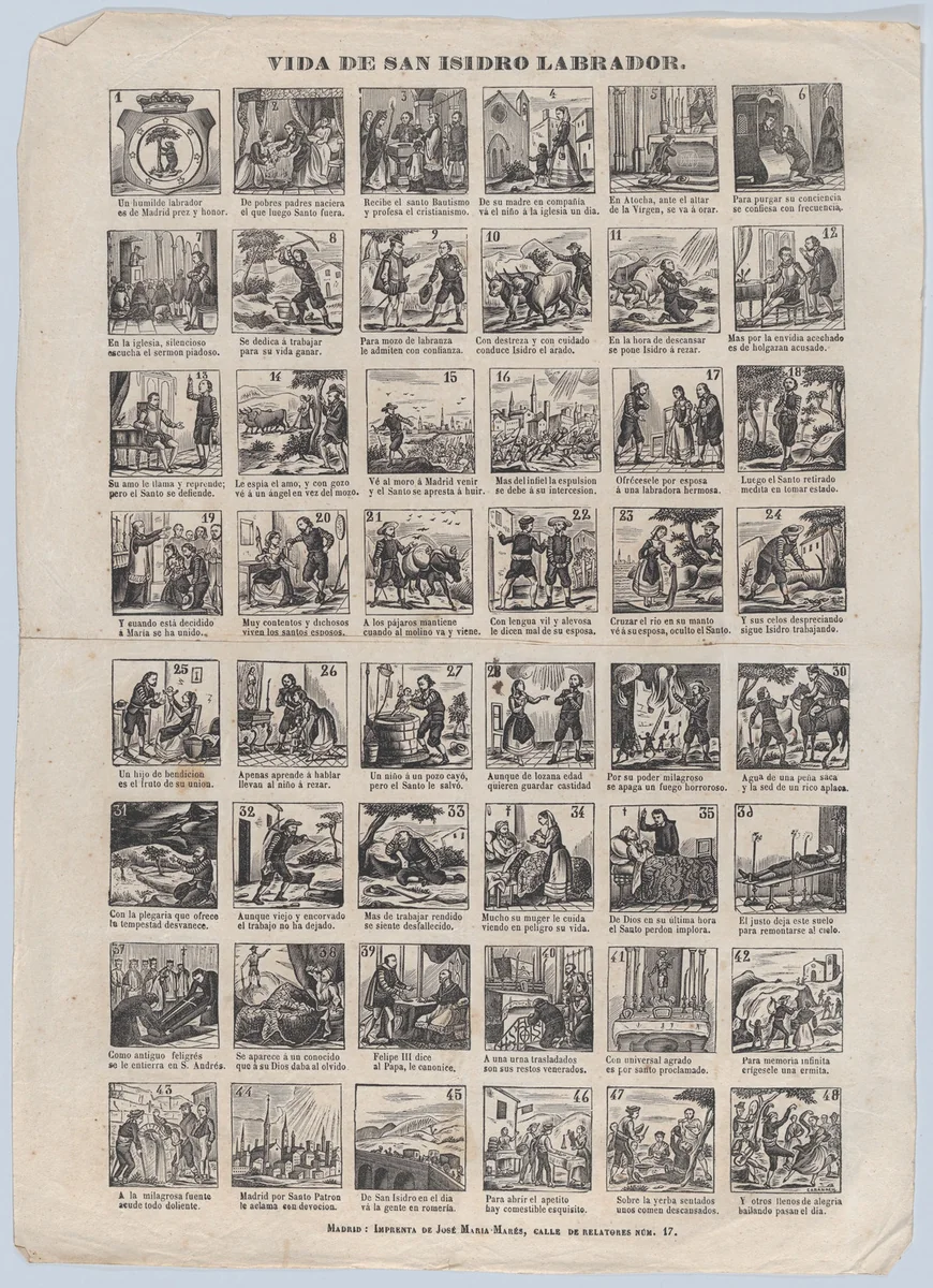Broadside with 48 scenes from the life of San Isidro by José María Marés, print, 1855-1875