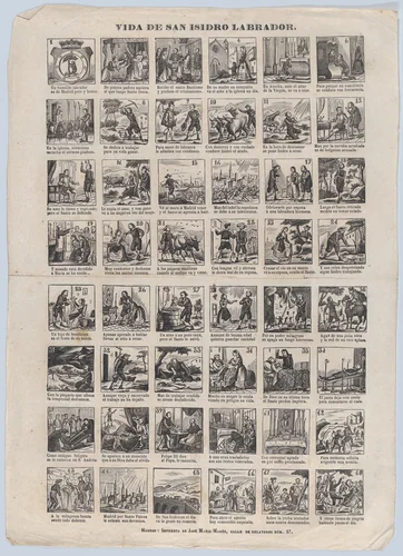 Broadside with 48 scenes from the life of San Isidro by José María Marés, print, 1855-1875