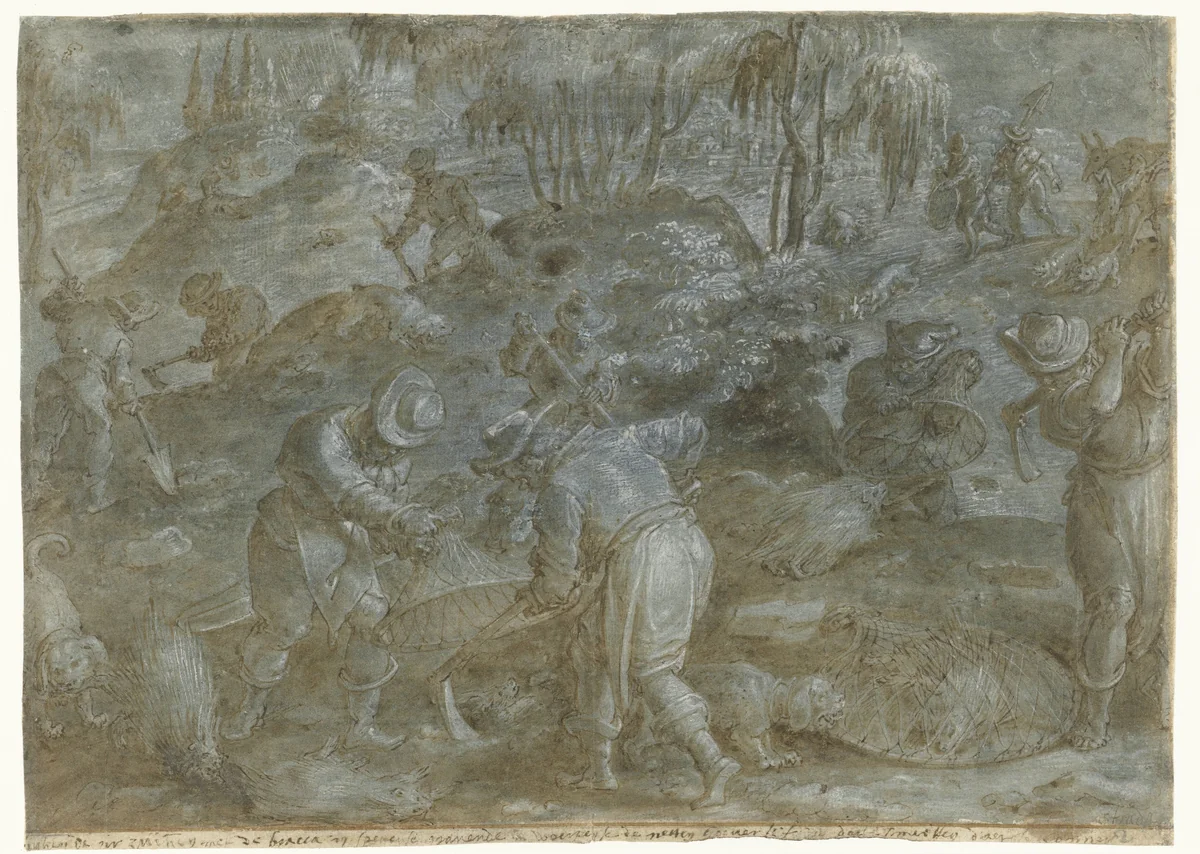Jacht op stekelvarkens by Jan van der Straet, drawing, 1533-1578