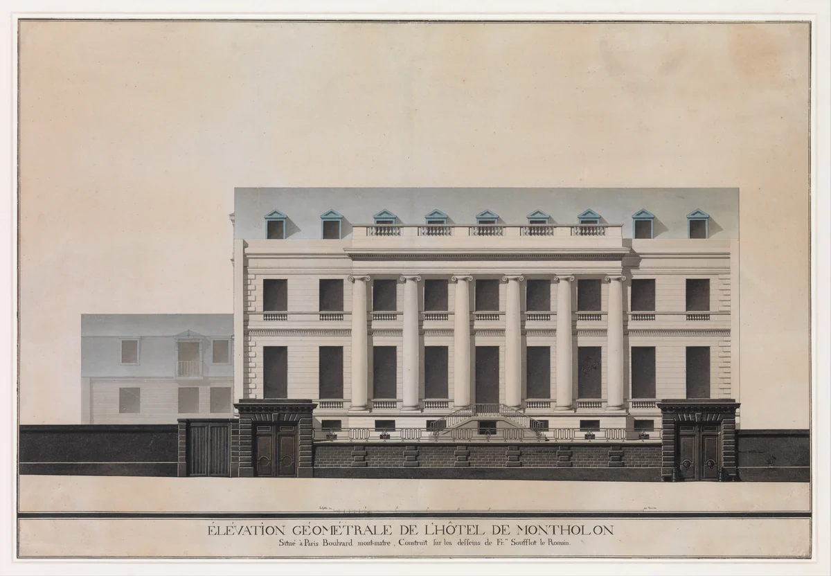 Elevation of the Façade of the Hôtel de Montholon, Paris by Jean Jacques Lequeu, drawing, 1785-1786