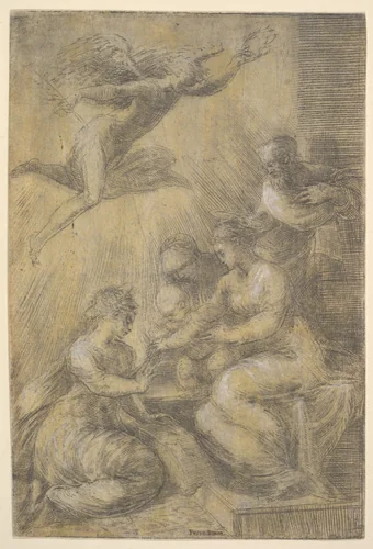 The mystic marriage of Saint Catherine by Andrea Schiavone, print, 1545-1555