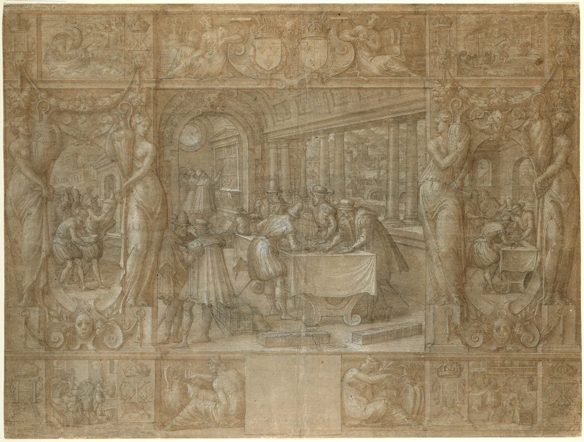 Marriage of Henry II and Catherine de' Medici, The Dowry by Antoine Caron, drawing, 1557-1567