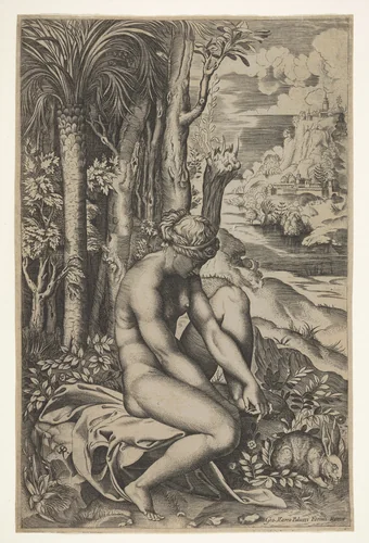 Venus removing a thorn from her left foot while seated on a cloth beside trees and foliage, a hare eating grass before her by Marco Dente, print, 1516