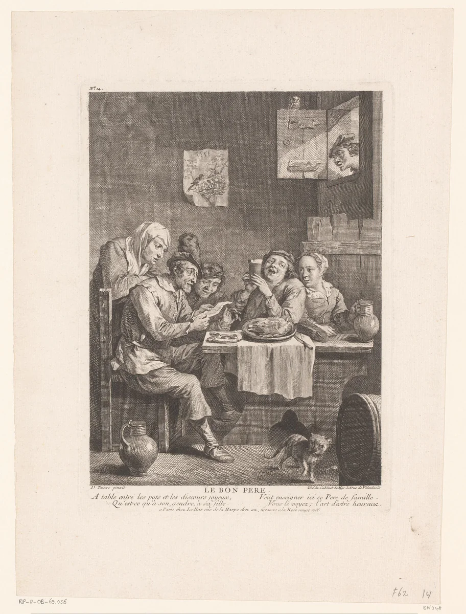 Herberginterieur met lezende man aan tafel met overige figuren by Jacques-Philippe Le Bas, print, 1735