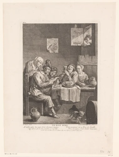 Herberginterieur met lezende man aan tafel met overige figuren by Jacques-Philippe Le Bas, print, 1735