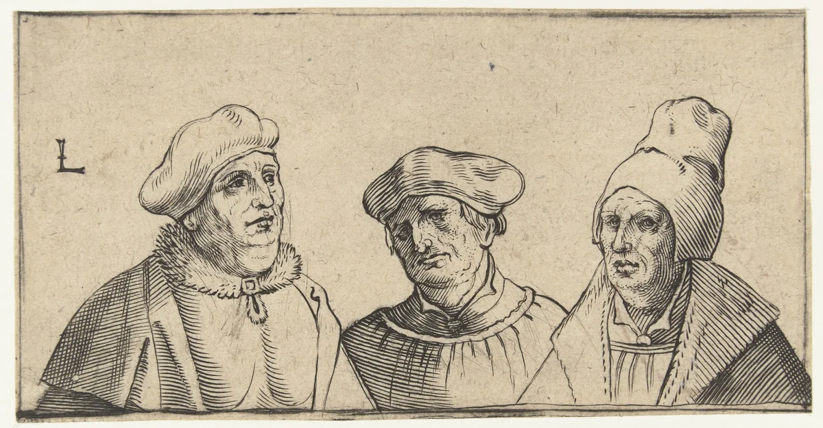 Drie mansportretten by anonymous, print, 1500-1600