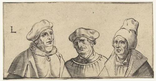 Drie mansportretten by anonymous, print, 1500-1600