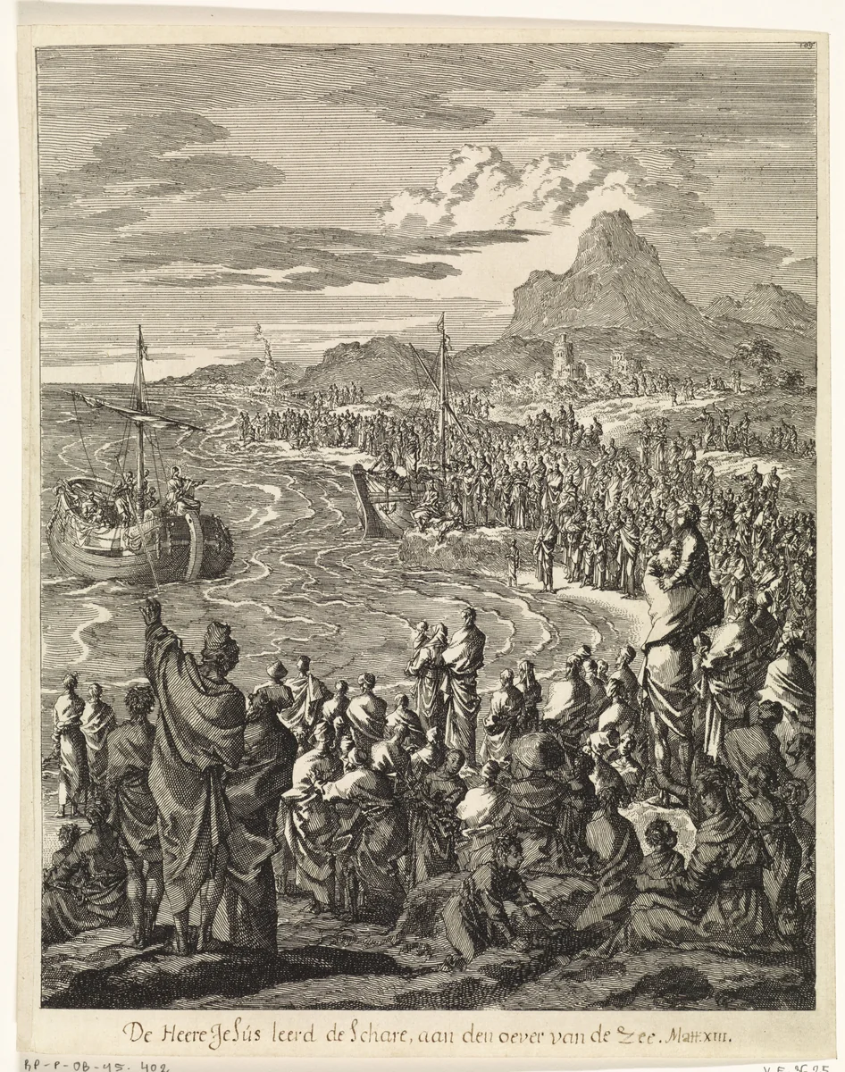 Christus preekt aan de oever van het meer by Jan Luyken, print, 1708