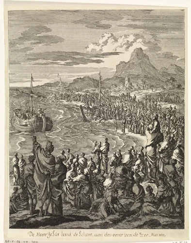 Christus preekt aan de oever van het meer by Jan Luyken, print, 1708