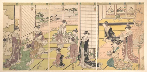 Honoring the Three Gods of Poetry: Women Composing Poems by Chōbunsai Eishi (鳥文斎栄之), print, 1782-1802