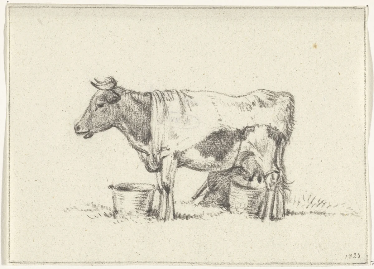 Staande koe, met melkemmer en melkkrukje by Jean Bernard, drawing, 1823