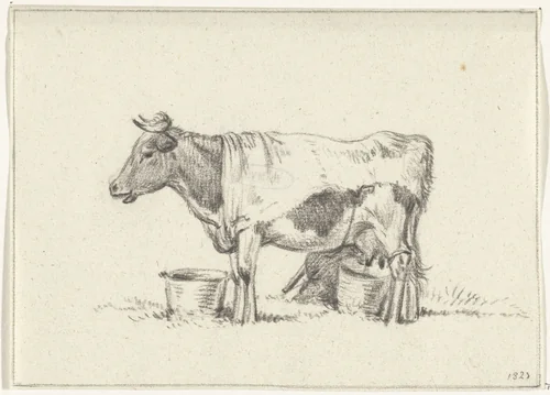 Staande koe, met melkemmer en melkkrukje by Jean Bernard, drawing, 1823