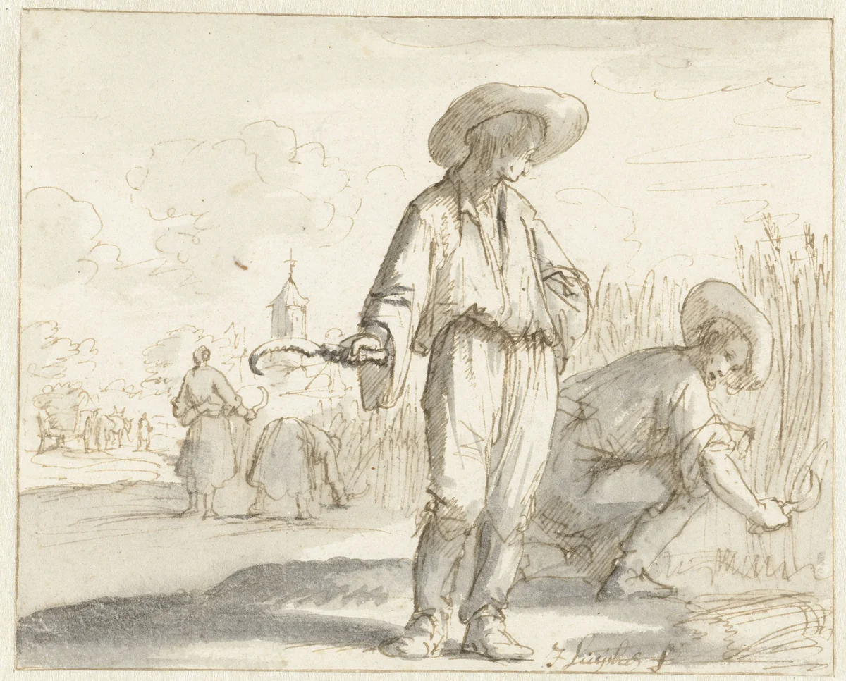 Twee korenmaaiers by Jan Luyken, drawing, 1698-1700
