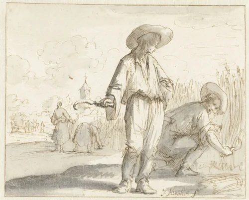 Twee korenmaaiers by Jan Luyken, drawing, 1698-1700