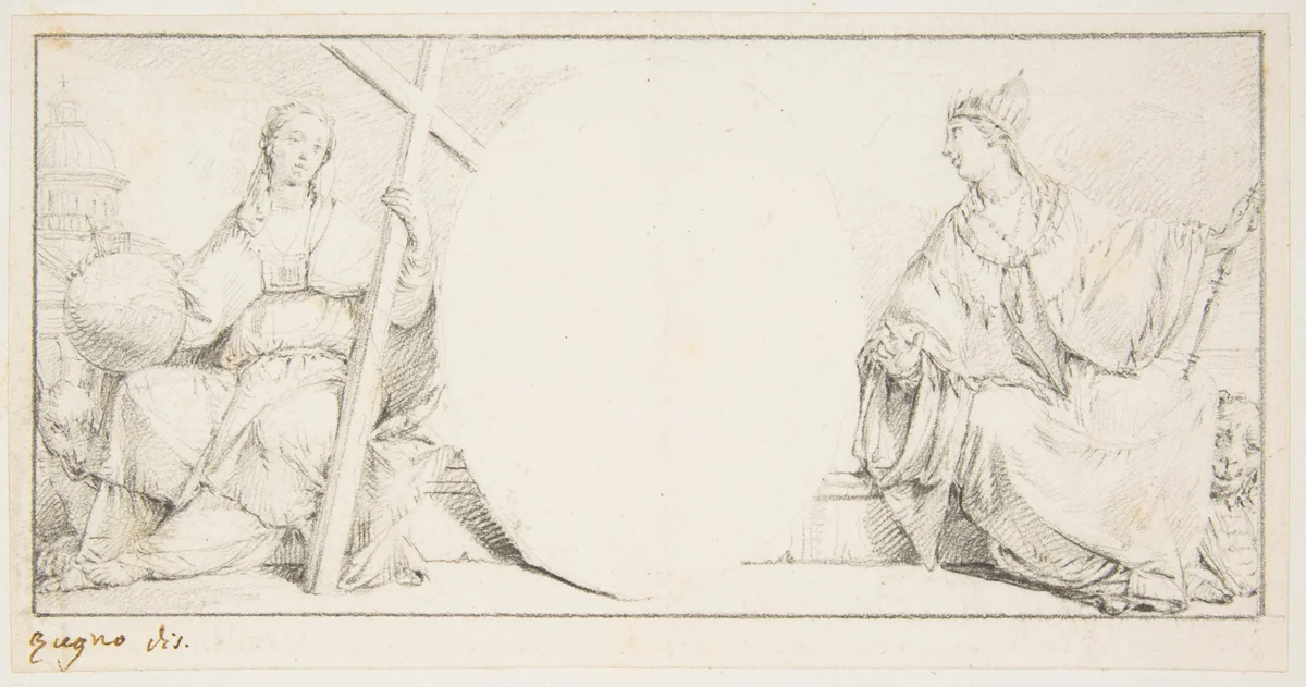 Allegorical Figures of Religion and Venice Flanking an Empty Cartouche by Francesco Zugno, drawing, 1709-1787