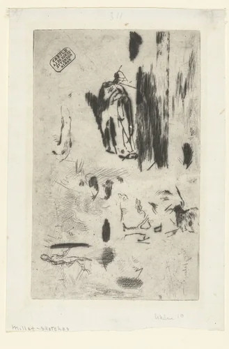 Schetsblad met enkele figuurstudies en landschap by Jean-François Millet, print, 1825-1875