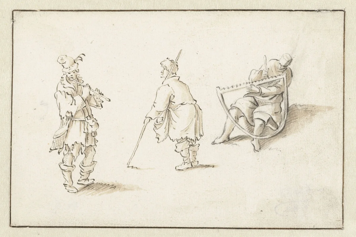 Staande fluitspeler, man met een stok en man met een zaag by Herman Saftleven, drawing, 1619-1685
