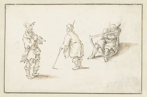 Staande fluitspeler, man met een stok en man met een zaag by Herman Saftleven, drawing, 1619-1685