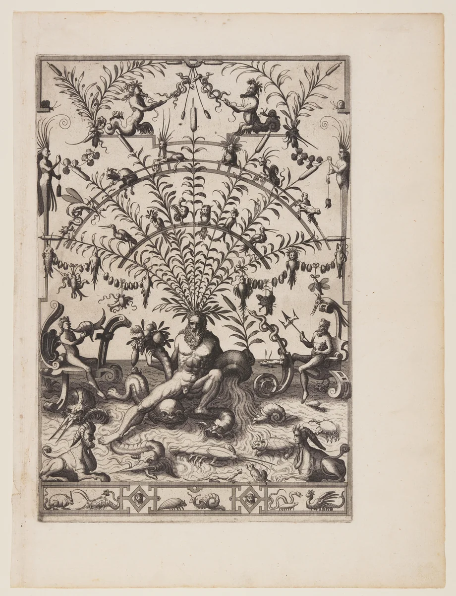 River God with Cornucopia and Stone Jar, from Veelderleij niewe inventien... by Johannes van Doetecum, print, 1557