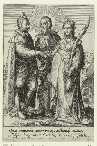 Huwelijk uit geestelijke liefde door Christus gesloten by anonymous, print, 1575-1657