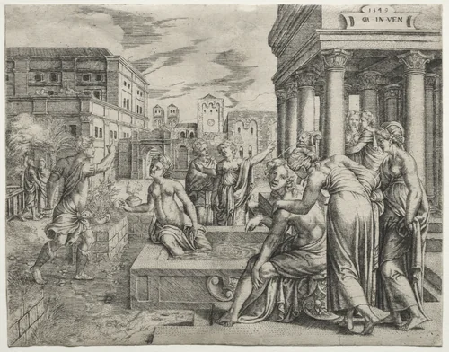 Bathsheba in the Bath by Cornelis Massys, print, 1549