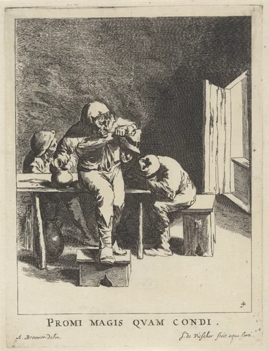 Vier mannen bij een tafel by Jan de Visscher, print, 1643-1692