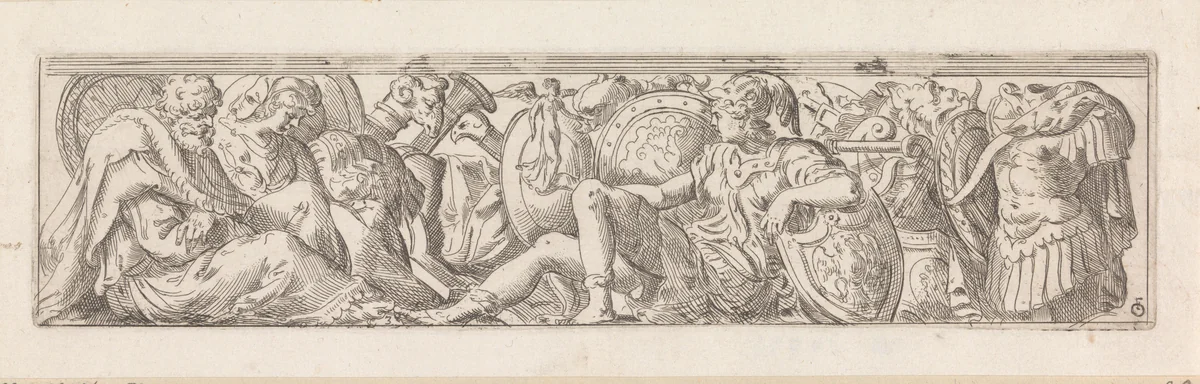 Fries met jonge soldaat, oude man en vrouw tussen wapens by Unknown, print, 1583-1638