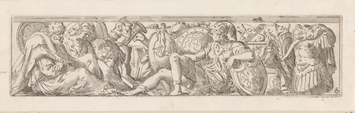 Fries met jonge soldaat, oude man en vrouw tussen wapens by Unknown, print, 1583-1638