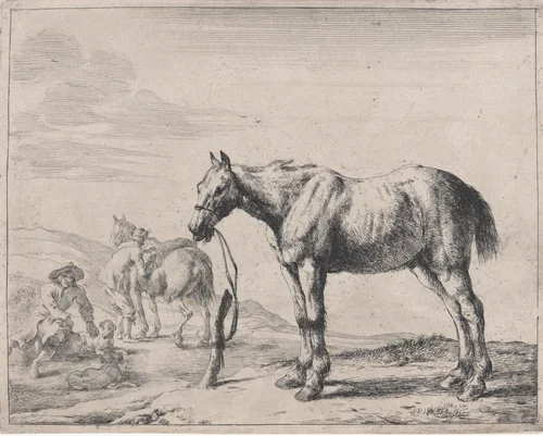 Aan een paal gebonden paard naar links by Dirk Stoop, print, 1651