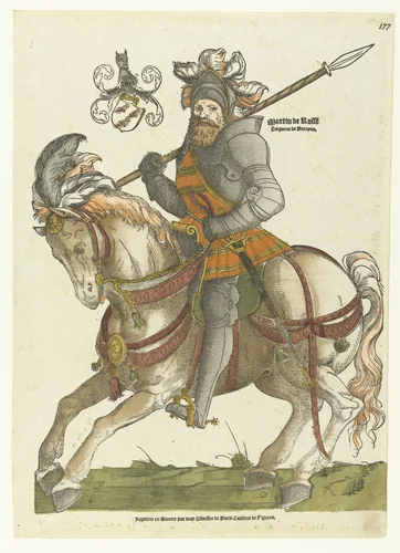 Portret van Maarten van Rossum te paard by Cornelis Anthonisz, print, 1540-1542