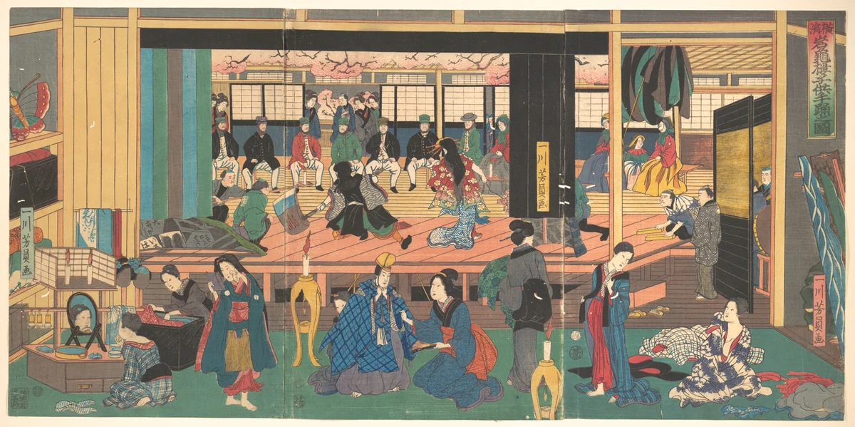 Foreigners Enjoying Children's Kabuki at the Gankirō Tea House by Utagawa Yoshikazu, print, 1861