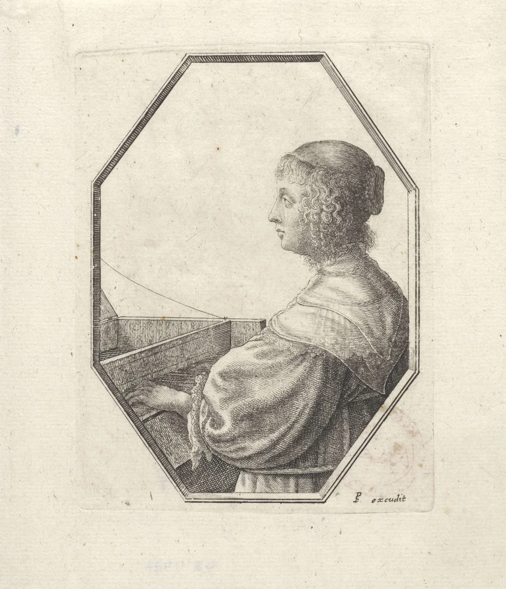 Portret van een vrouw achter een virginaal by Wenceslaus Hollar, print, 1637-1638