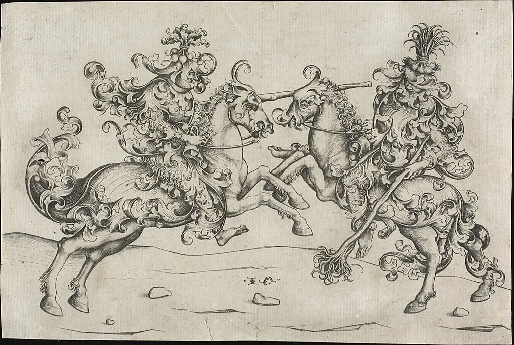 Combat of Two Wild Men on Horseback by Israhel van Meckenem the Younger, print, 1475-1485