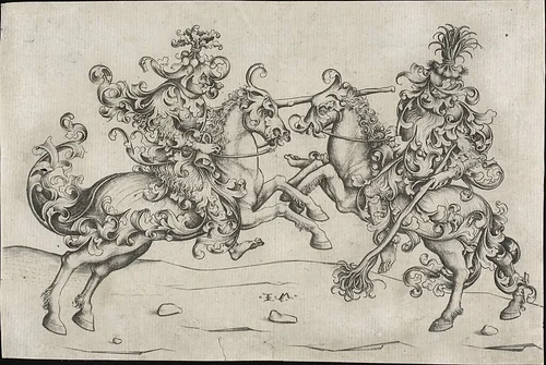 Combat of Two Wild Men on Horseback by Israhel van Meckenem the Younger, print, 1475-1485