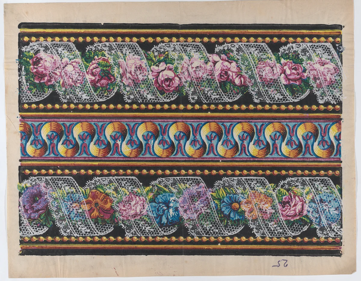 Sheet with a border with floral garlands and lace on a black background by anonymous, print, 1775-1875