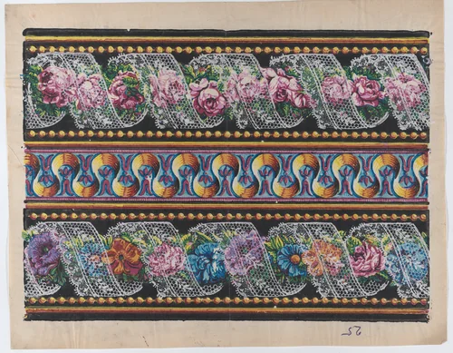 Sheet with a border with floral garlands and lace on a black background by anonymous, print, 1775-1875