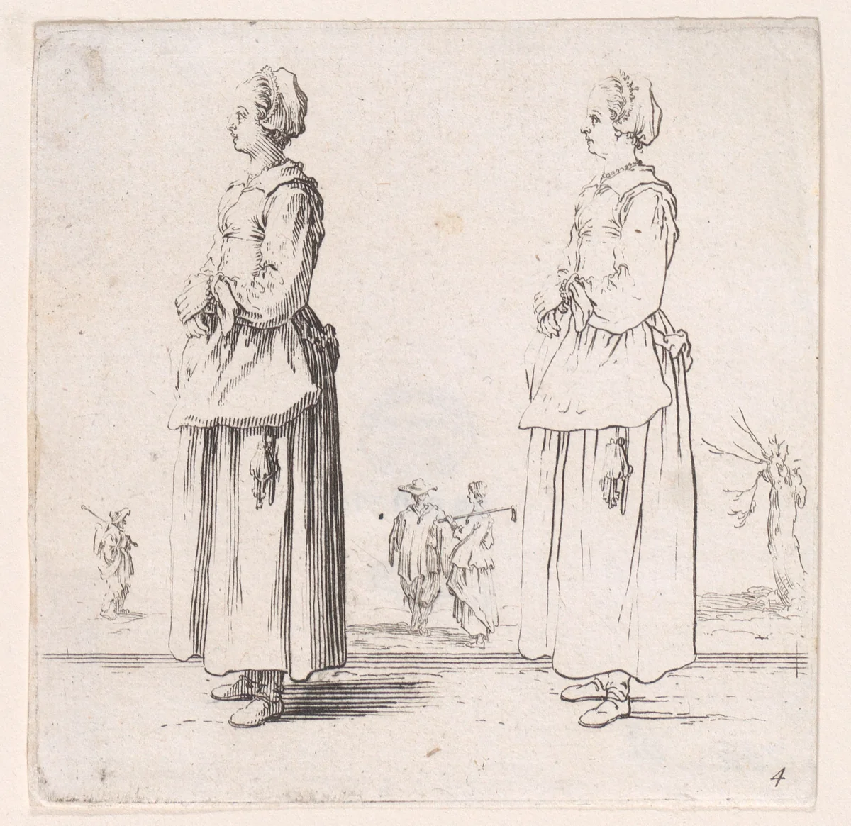 La Paysanne Tournée a Gauche, les Mains Appuyées l'Une sur l'Autre (The Peasant Woman Turned to the Left, One Hand Placed in the Other), plate 4 from "Varie Figure" (Various Figures) by Jacques Callot, print, 1615-1625