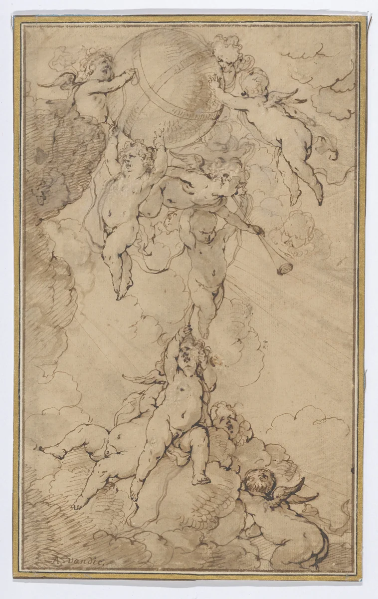 Putti in Clouds, Supporting a Globe by Jan Thomas, drawing, 1637-1678
